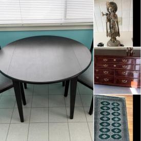 MaxSold Auction: This online auction features furniture such as a Henredon bureau, Statton desk, padded wood bench, carved wood pedestal, kitchen table set and more. Asian decor, rugs, French prints, GE dryer and much more!